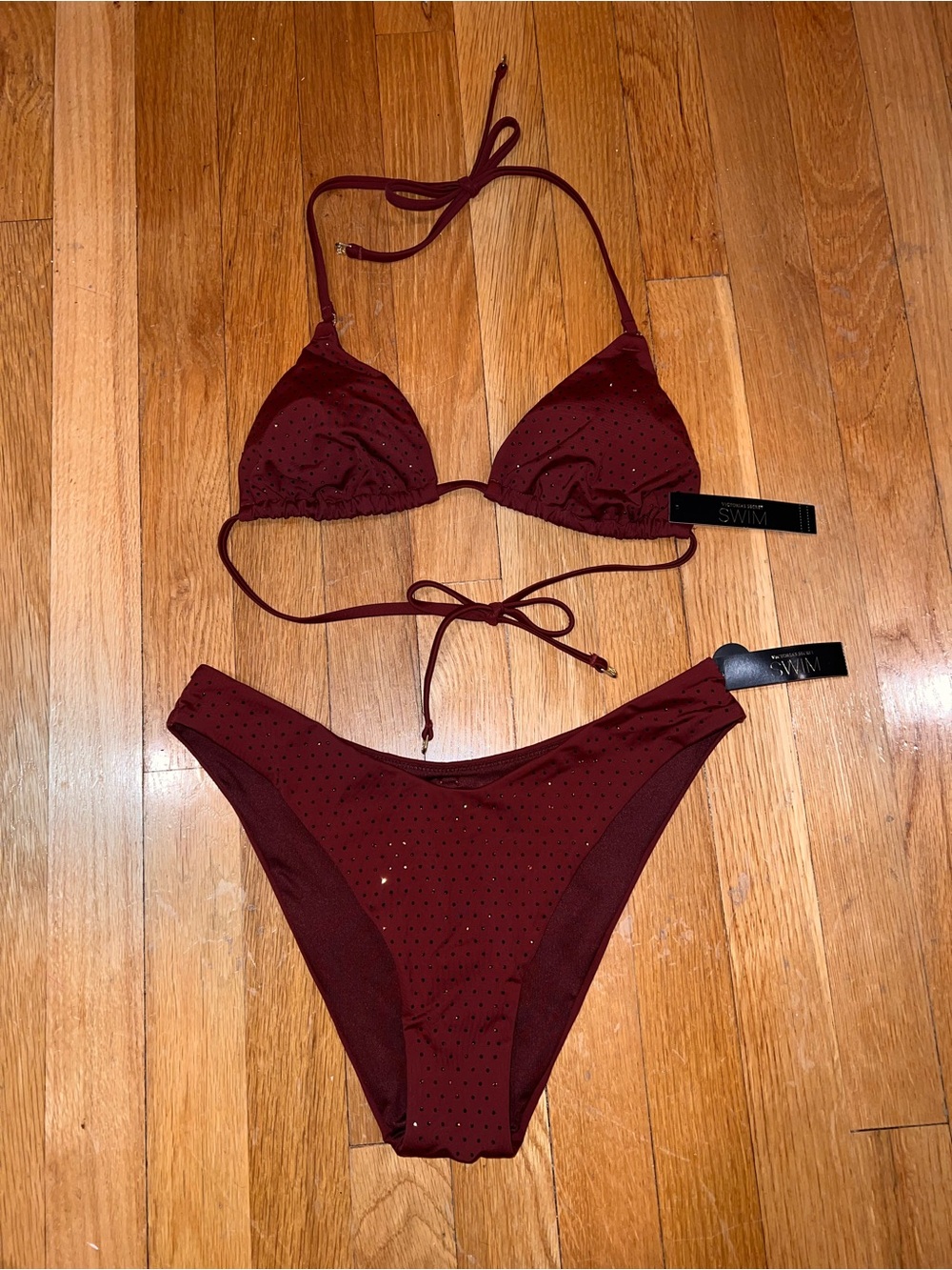 Victoria's Secret Burgundy Triangle Bikini Set with Rhinestone Detail